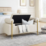 Elegant Upholstered Linen Storage Bench with Cylindrical Arms and Iron Legs for Hallway Living Room W487128011