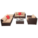 ZUN 7 Pieces Wood Grain Patio PE Wicker Rattan Corner Sofa Set 38435070