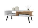 White and Natural Oak Coffee Table with Open Storage and Conical Legs B062P290220