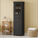 ZUN 63" Tall Bathroom Storage Cabinet with Glass Doors, Free-Standing, Two Drawers, and Adjustable N729P171305B