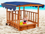 Cedar Wood Kids Sandpit with Playhouse & Canopy, Sandbox with Rear Wheels, NaturalBlue 05048118