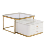 ZUN Modern 2 Pieces White Square Nesting Coffee Table with Drawers & Electroplated gold legs in 27.6'' 41155237