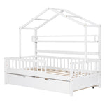 ZUN Wooden Twin Size House Bed with Trundle,Kids Bed with Shelf, White 34508043