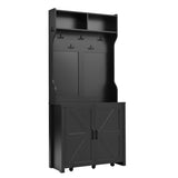 ON-TREND Farmhouse 4-in-1 Hall Tree with Barn Doors, Movable Bench with 7 Hanging Hooks and Shoe N721P205788B