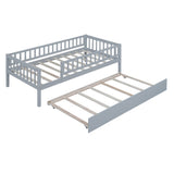 Twin Size Wood Daybed with Trundle and Fence Guardrails, Gray WF301862AAE