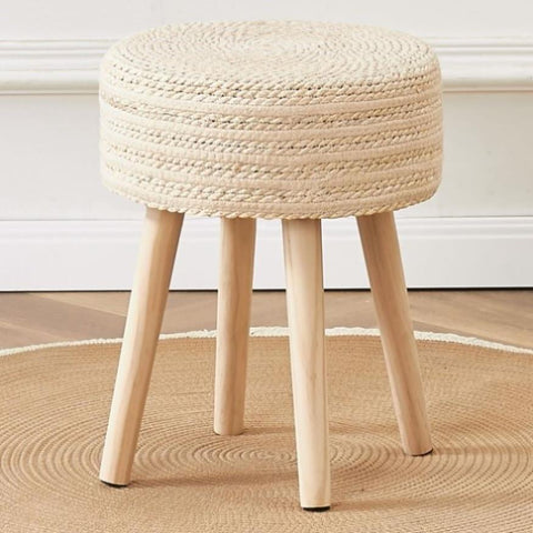 ZUN Round Ottoman Footstool Natural Seagrass Foot Stool Pouf Ottomans with Solid Wood Legs Hand Weave 65772413