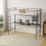 Twin Size Metal Loft Bed with Desk and Storage Shelves, 2 Built-in Ladders & 94507753
