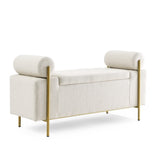 ZUN Elegant Upholstered Linen Storage Bench with Cylindrical Arms and Iron Legs for Hallway Living Room W487128011