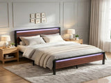 Full Size Metal Wood Platform Bed Frame, 3-Panel Reddish Brown Wood Grain Headboard with LED Light & 84757883