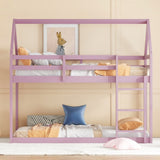 Twin over Twin Rubber Wood Floor Bunk Bed, with ladder,Guardrails,House-Shaped-Bunk Bed,Pink W504P206867