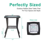 ZUN Outdoor Wicker Side Table, Rattan End Table with Glass Top, Patio Coffee Bistro Table for Indoor 75923325