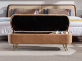 Camel Storage Ottoman Bench for End of Bed Gold Legs, Modern Camel Faux Fur Entryway Bench W117082031