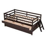 ZUN Low Loft Bed Twin Size with Full Safety Fence, Climbing ladder, Storage Drawers and Trundle Espresso 95642683