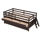 ZUN Low Loft Bed Twin Size with Full Safety Fence, Climbing ladder, Storage Drawers and Trundle Espresso 95642683