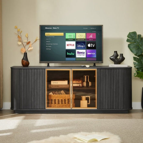 64-Inch Wavy TV Cabinet, Round Sideboard, Wooden Vertical Stripe Storage Cabinet, Aluminum Door W1162P309027