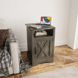 ZUN Modern Dark Grey Wood Tall Cabinet Small Nightstand Bed Side Table With Charging Station Living Room W1828137427