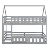 Twin over Twin House Bunk Bed with Fence and Door, Gray WF313047AAE
