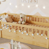 Twin Montessori Floor Bed Frame with High Rails, Wood Kids Floor Beds with Light and Storage Shelf, W2593P333571