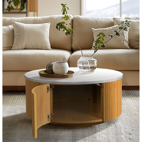 ZUN Faux White Marble Round Coffee Table with Storage Natural/Faux White Marble See below B035P262683