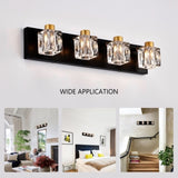 4-Light Matte Black Gold Bathroom Light Fixtures, Modern Vanity Lights with Crystal Glass Shade, W1592P233317