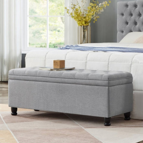 ZUN Upholstered tufted button storage bench ,Linen fabric entry bench with spindle wooden legs, Bed W2186P151309