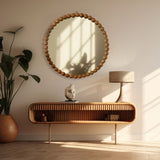 Decorative Round Hanging Wall Mirror with Natural Wooden Bead Design Frame, 32" B346P353979