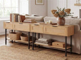 Natural Rattan Console Table with Storage Cabinets & Open Shelf, 40 Inch Entryway Table with Sturdy 39607776