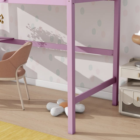 ZUN Twin High Loft Bed, Rubber Wood Loft Bed with Safety Guardrail, built-in desk, ladder,Pink 87235573