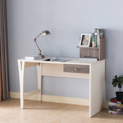 ZUN Office Writing Desk with Drawer, Small Bookshelf and USB/Power Outlet in Ivory & Dark Taupe B107130912