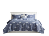 4 Piece Cotton Reversible Embroidered Quilt Set with Throw Pillow Navy King/Cal King B03595793