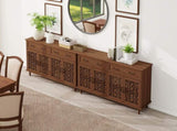 Vintage Sideboard Buffet Cabinet with Hand-Carved Hollow Doors, Distressed Light Wood Finish, 2 W688P359947