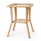 Outdoor Wicker Side Table, Rattan End Table with Glass Top, Patio Coffee Bistro Table for Indoor 30348373