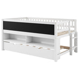 Twin Size Wood Low Loft Bed with Storage Shelves, Blackboard and Trundle, White N709P256926K