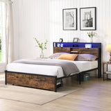 King Size Metal Platform Bed Frame with Wooden Headboard and with Footboard USB,Charging Station,2 W2297P236977