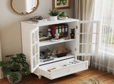 Minimalist White Buffet Cabinet with Double Glass Doors and Drawer, Modern Wooden Storage Sideboard W2557P189574