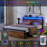 ZUN Queen Size Bed Frame with Storage Headboard and 2 Drawers, LED Lights Bed with Charging Station, W1916126253