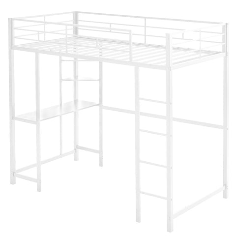 ZUN Twin Size Metal Loft Bed with Desk and Storage Shelves, 2 Built-in Ladders & Guardrails, Loft Bed 39001216