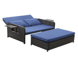 Patio Rattan Daybed Set, 2-in-1 Wicker Loveseat Sofa with Multipurpose Ottoman & Retractable Side 11310805
