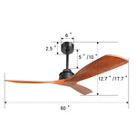 ZUN 60 Inch Elegant Ceiling Fan with Remote Control,3 Mahogany Solid Wood Blades, Suitable for Indoor KBS-6005-1