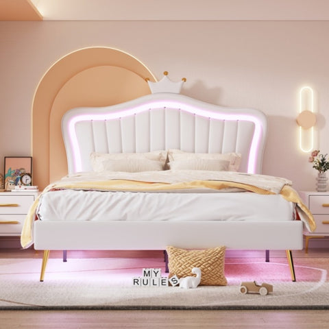 ZUN Queen Size Upholstered Bed Frame with LED Lights,Modern Upholstered Princess Bed With Crown WF307963AAK