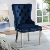 Set of 2 Wingback Dining Chairs with Button Tufted Back in Blue and Chrome B016P156857