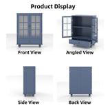 Minimalist Blue Buffet Cabinet with Double Glass Doors and Drawer, Modern Wooden Storage Sideboard W2557P307944
