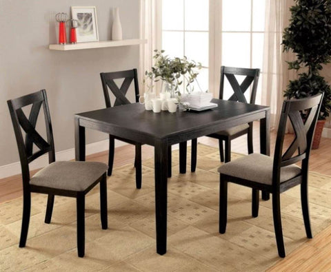 ZUN Brushed Black Solid wood 5pc Dining Set Table And 4x Chairs Brown Fabric Cushions Seats X-Cross Back B011P214984