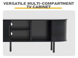 Black Embossed Particle Board TV Stand, Oval Tabletop 1473558cm, Entertainment Center with Slatted 39060699