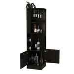 ZUN Syrah Corner Bar Cabinet, Eight Bottle Cubbies, Double Door, Two Open Shelves -Black B070P217879