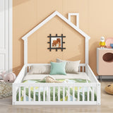 Wood Full Size House Platform Bed with Guardrail, White N709P171852K