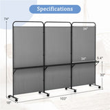 3-Panel Folding Divider with Lockable Wheels and 3 Metal Shelves Grey 14487502