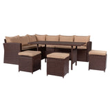 ZUN 8-Piece Set Outdoor Rattan Dining Table And Chair Brown Wood Grain Rattan Khaki Cushion Plastic Wood 17128185