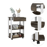 ZUN White and Dark Walnut 1-Drawer 2-Shelf Kitchen Cart with Caster B06280136