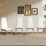 Modern White PU Dining Chairs Set of 4 - Diamond Quilted High Back Design with Silver Chrome Metal W2920P269762